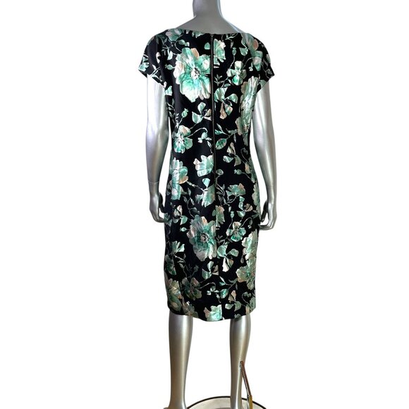 Avenue Floral Print Black & Green Cap Sleeve Midi Sheath Dress 18 - Picture 5 of 8